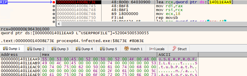 x64dbg disassembly of the lea rdata reuse